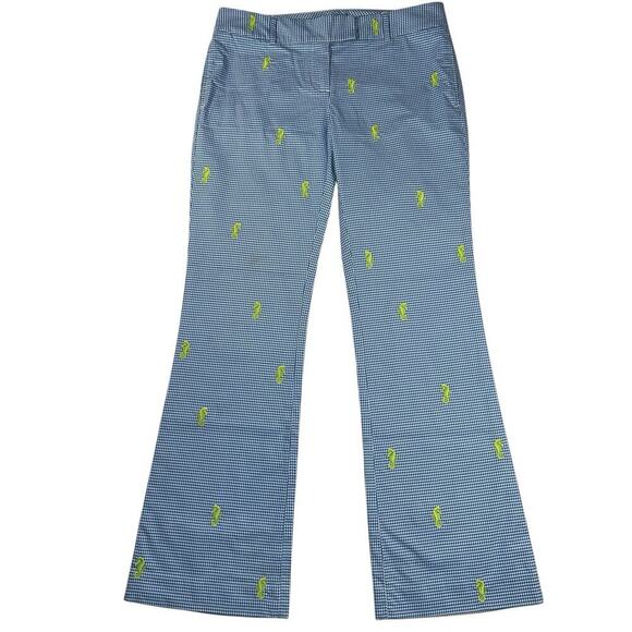 J. Crew Stretch Gingham Trouser Pants Seahorses Blue White Lime Green Size 10 - Picture 1 of 9